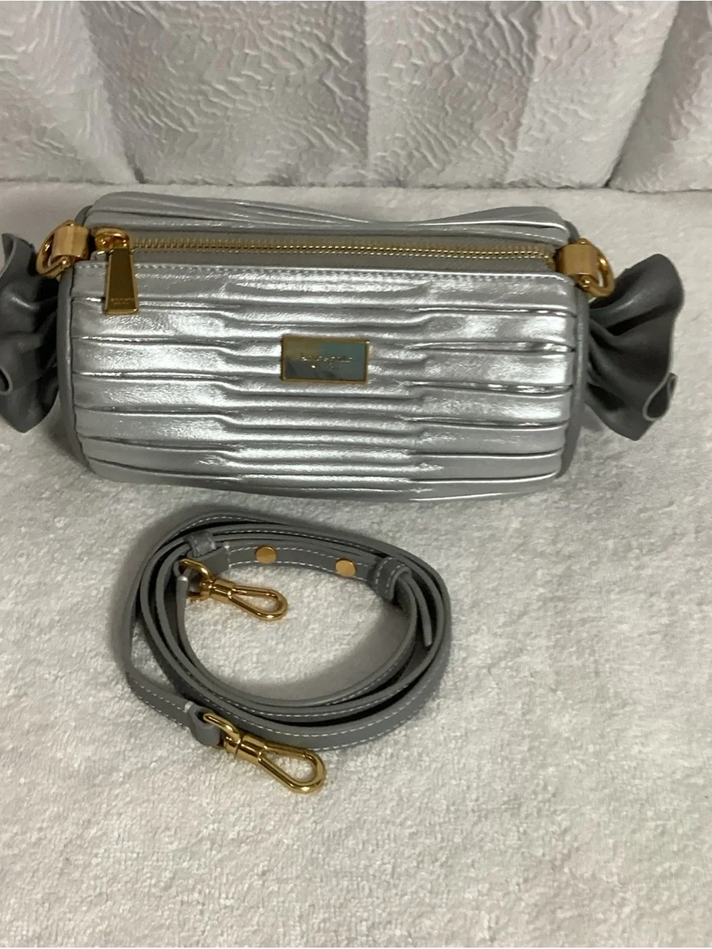 Kate Spade Sweet Treats Pleated Silver Leather Small Barrel Novelty Bag